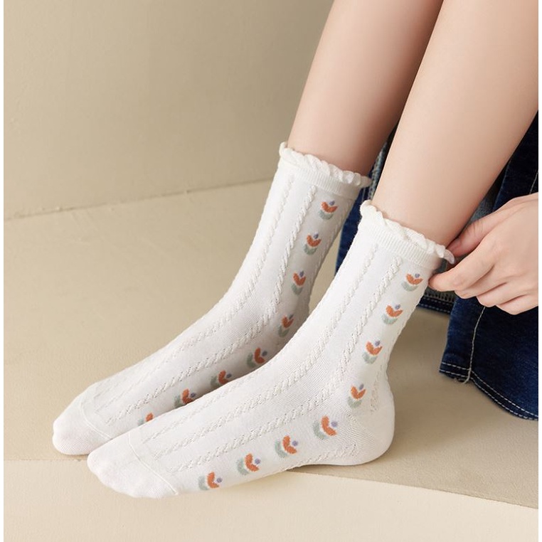 Set 5 Đôi Tất Vớ Nữ Cao Cổ Mix Hoa H1