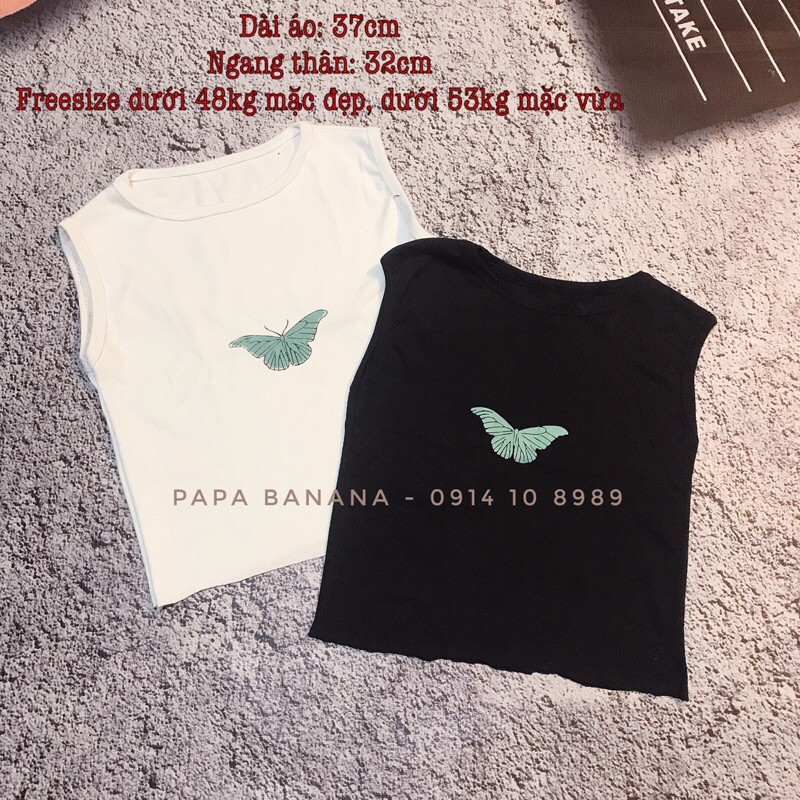 Áo Croptop 3 lỗ hình bướm xanh hai màu đen, trắng | BigBuy360 - bigbuy360.vn