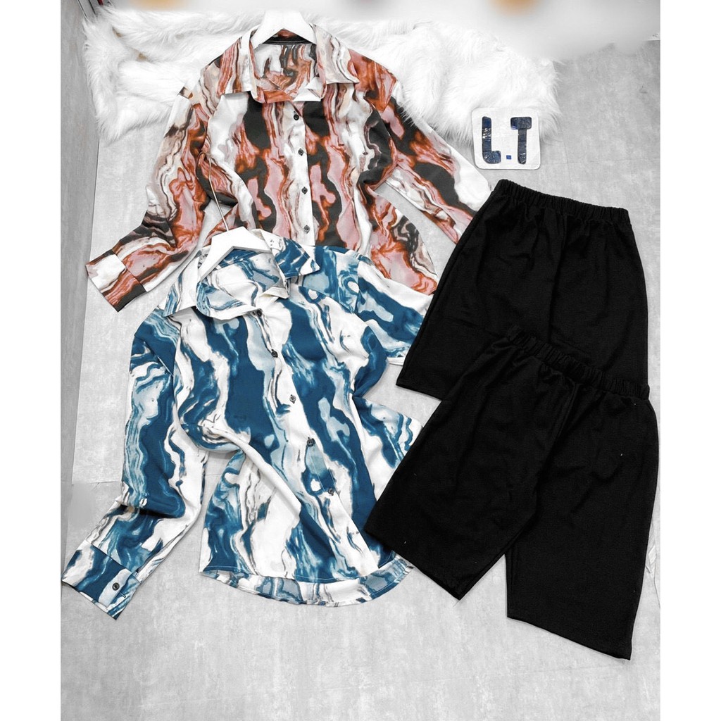 Set đồ nữ áo sơ mi màu loang độc đáo phối quần legging lửng