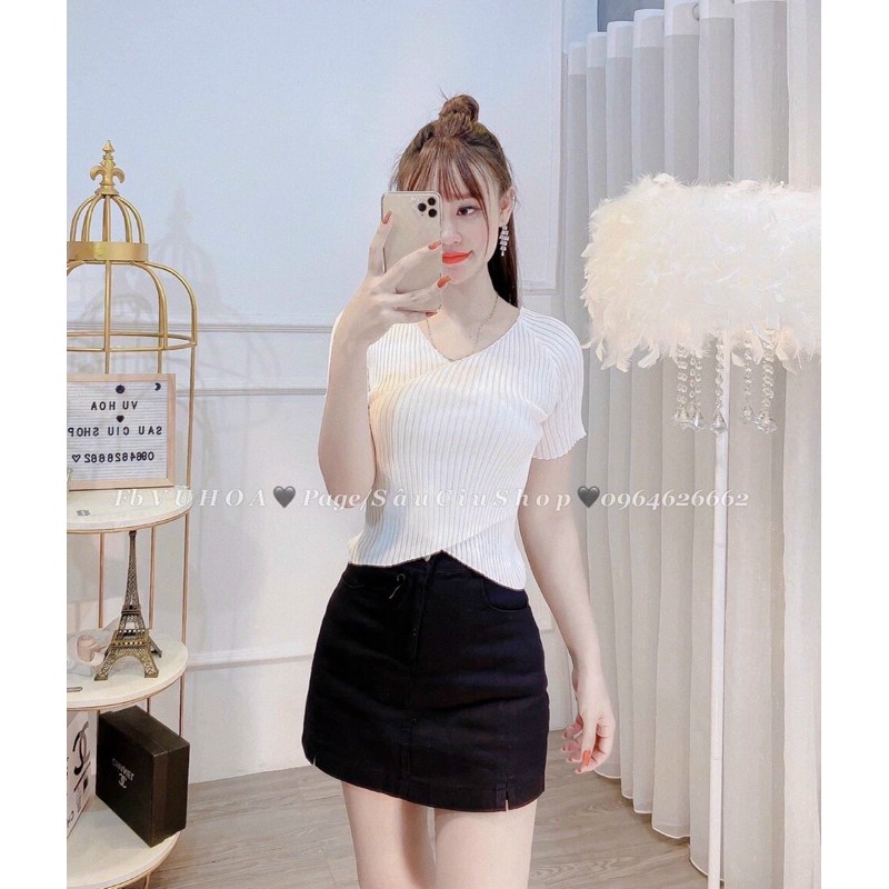 Áo len mỏng cộc tay vạt chéo xinh xắn