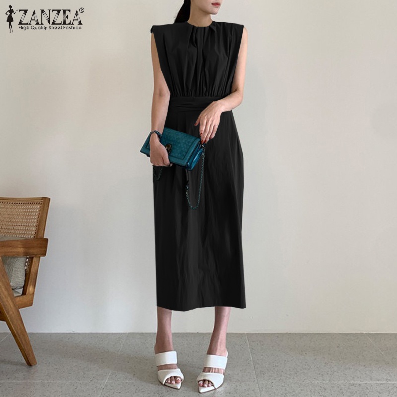 Đầm midi Zanzea không tay cổ tròn màu trơn có khóa kéo sau lưng thanh lịch dành cho nữ