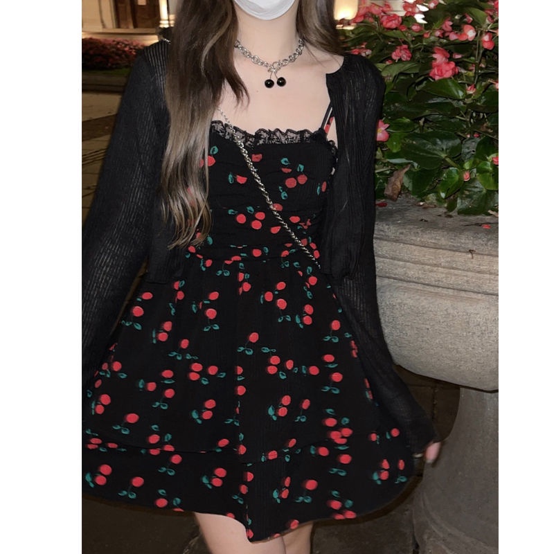 Set Đầm Hai Dây Họa Tiết Trái Cherry + Áo Khoác Cardigan Mỏng Chống Nắng Dành Cho Nữ