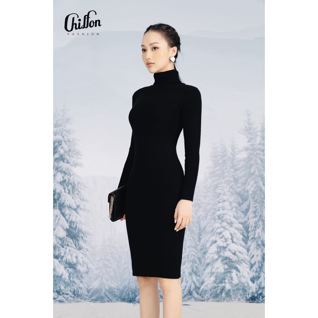 Váy len dáng dài cổ lọ xẻ 1 bên thiết kế Chiffon. Đầm len dài tay cổ cao | BigBuy360 - bigbuy360.vn