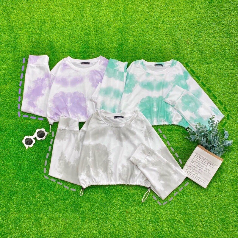 Áo Croptop Dây Rút Loang Tay Dài Ảnh Thật