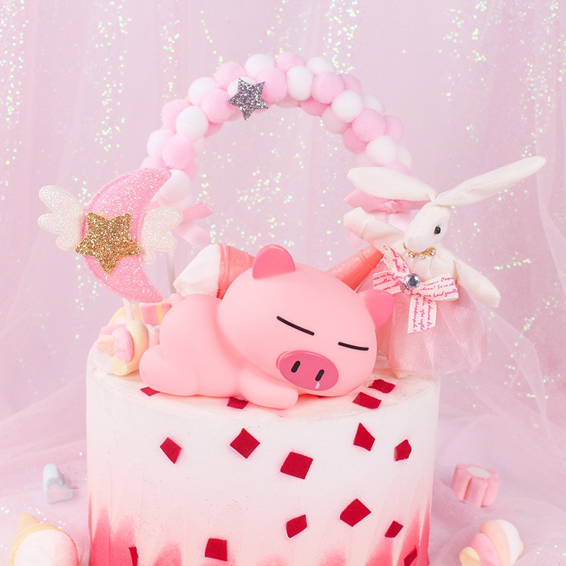 Lợn hồng nằm trang trí bánh kem, bánh sinh nhật, bánh gato