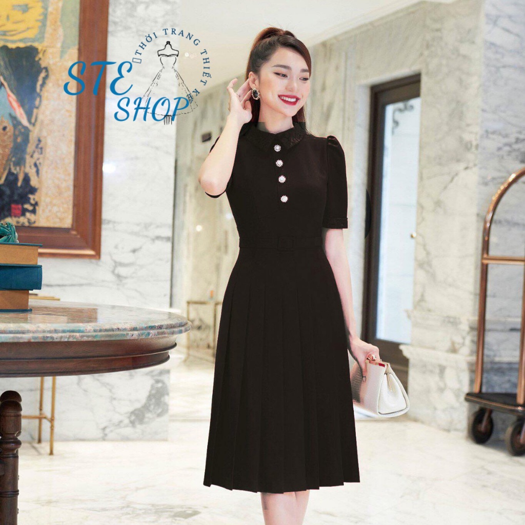 Đầm váy công sở dáng xoè, chất liệu roay thái co giãn nhẹ, thời trang nữ, Ste shop