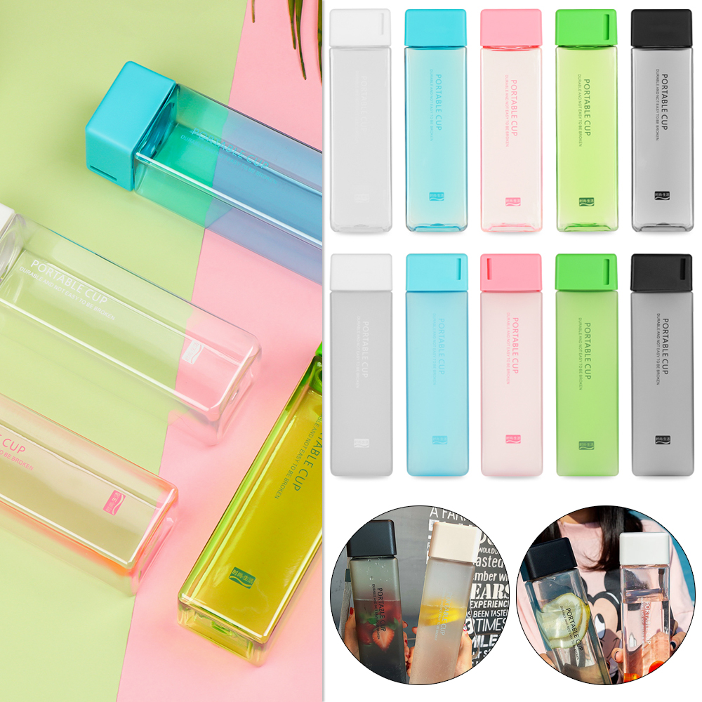 Bình Nước Nhựa Không BPA Hình Vuông 450ml Tiện Dụng Mang Theo Du Lịch/ Cắm Trại