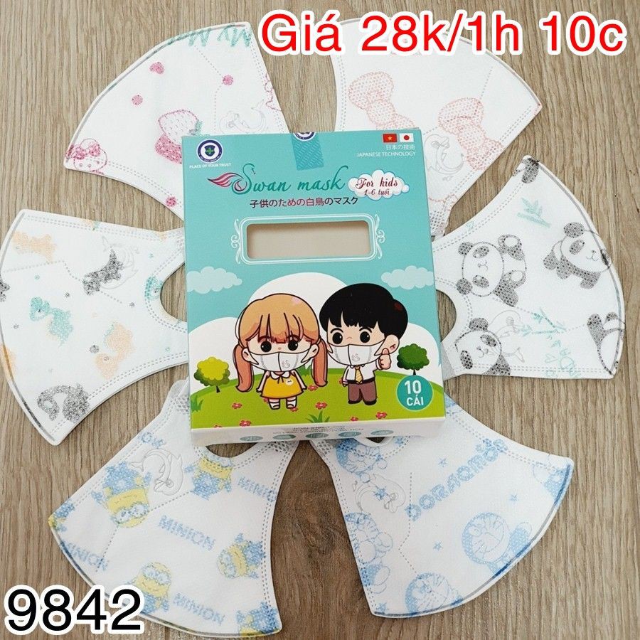 Khẩu trang 3D kháng khuẩn cho bé, hàng Swan, nhiều họa tiết, hàng công ty, 1 hộp 10 cái