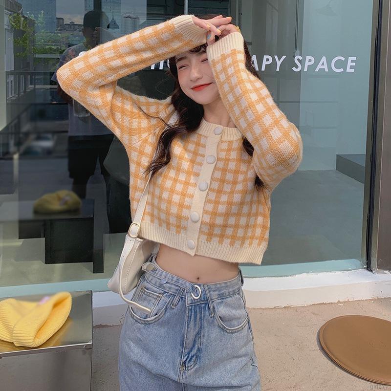 Áo khoác len cardigan tay dài cổ tròn họa tiết sọc caro phong cách Hàn Quốc cho nữ