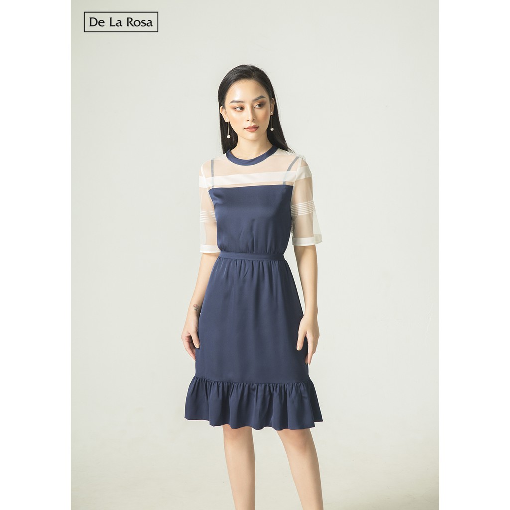 Đầm váy lụa suông màu xanh cổ tròn tay dài - De La Rosa | BigBuy360 - bigbuy360.vn