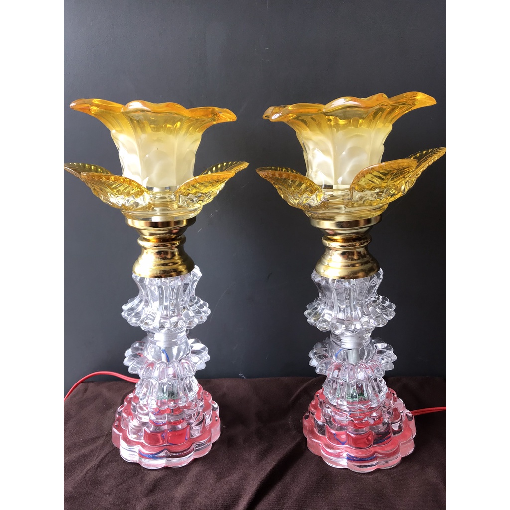 1 đôi Đèn thờ cúng pha l ê, Đèn trang trí bàn thờ LED hoa sen 1 bông cao 30cm