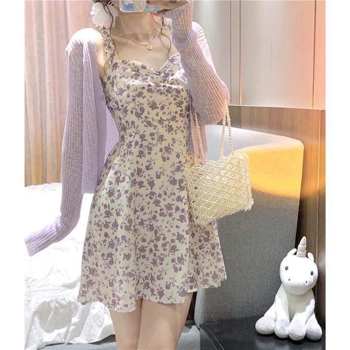 Set Đầm Hoa Nhí Tím 2 Dây Bèo Kèm Áo khoác len mỏng