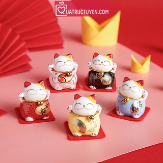 Bộ 5 mèo thần tài mini may mắn gốm sứ, mèo chiêu tài lộc để bàn, ô tô