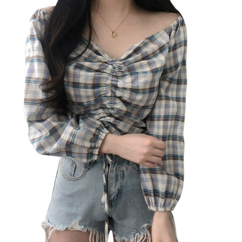 Áo kiểu tay dài cổ chữ V thiết kế dây rút thanh lịch | BigBuy360 - bigbuy360.vn