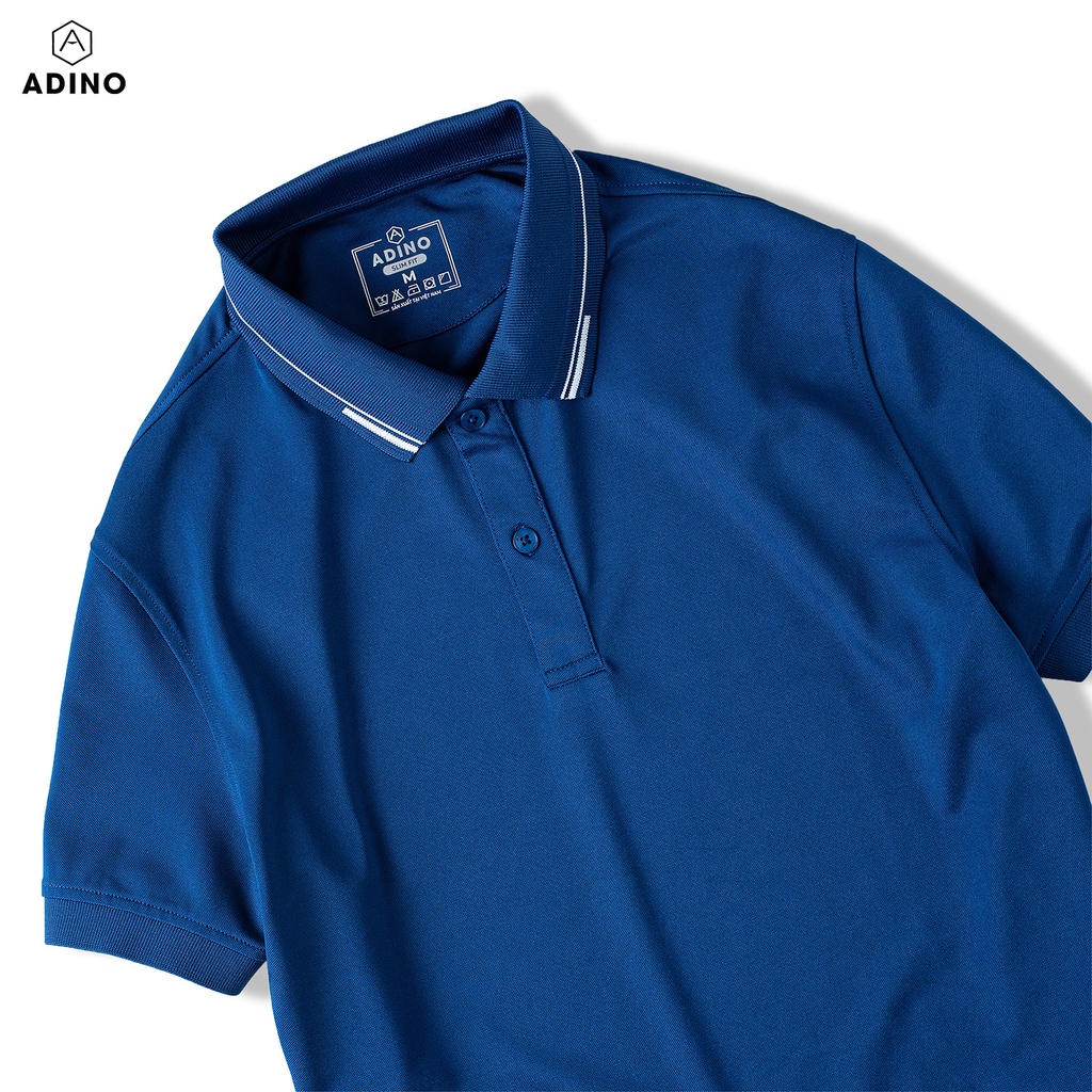 Áo polo nam màu xanh dương phối viền ADINO vải polyester cotton không bai xù dáng công sở slimfit hơi ôm trẻ trung AP96