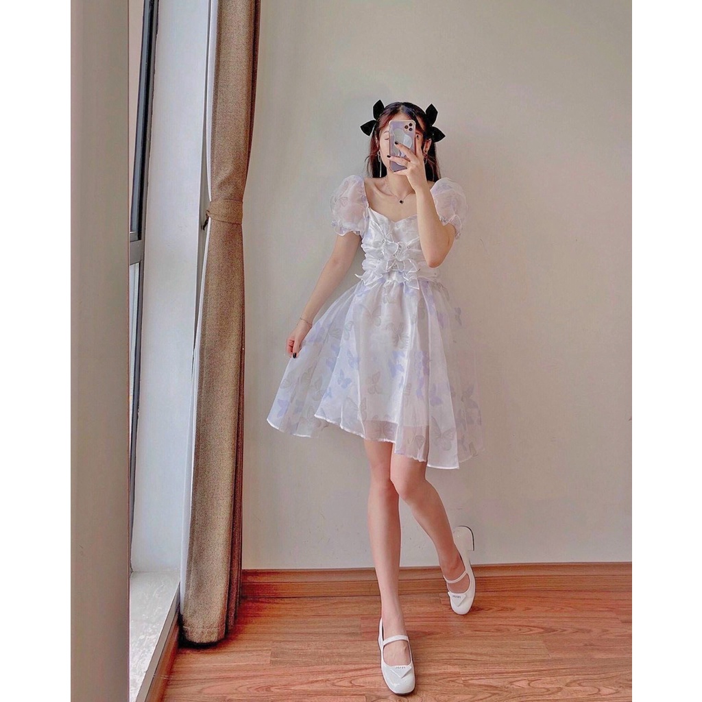 Đầm hoa nhí kiểu cách đan ngực tay bồng thắt nơ sau dáng ngắn công chúa đi biển, đi tiệc, kỷ yếu xinh