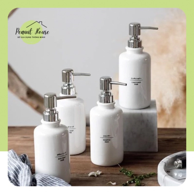 Bình đựng nước rửa tay, sữa tắm, dầu gội, dầu xả trắng sứ kiểu Nhật 410ml