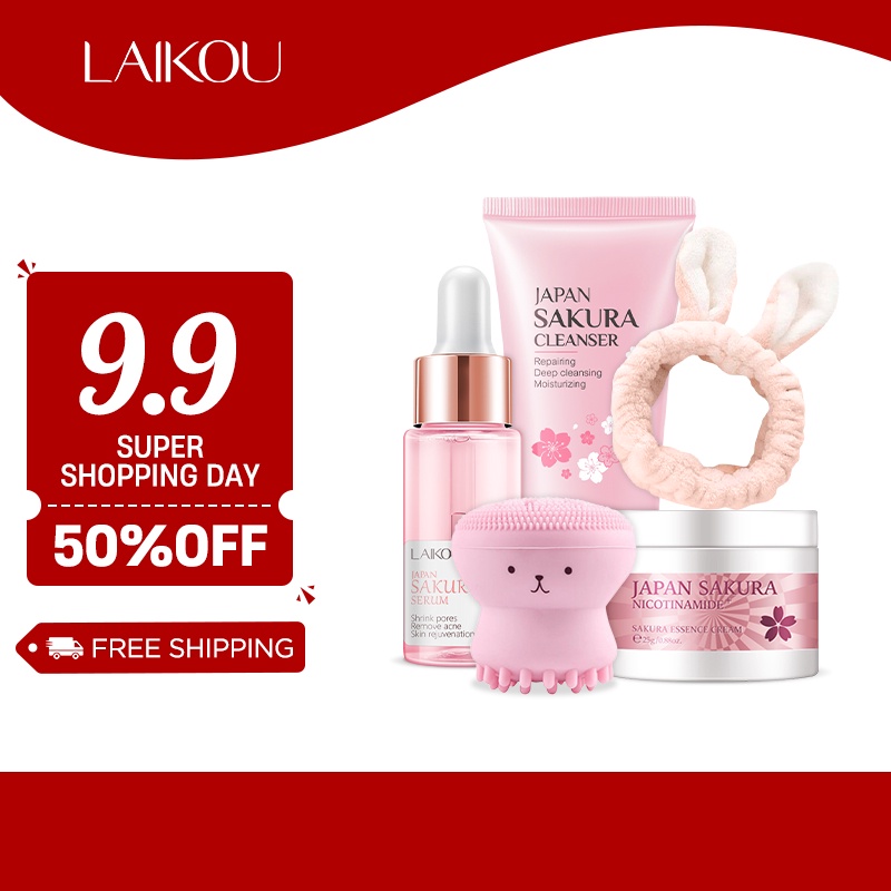 Set 5 món chăm sóc da laikou Nhật Bản chiết xuất hoa anh đào với tẩy trang 50g + tinh chất 17ml + kem dưỡng da 25g
