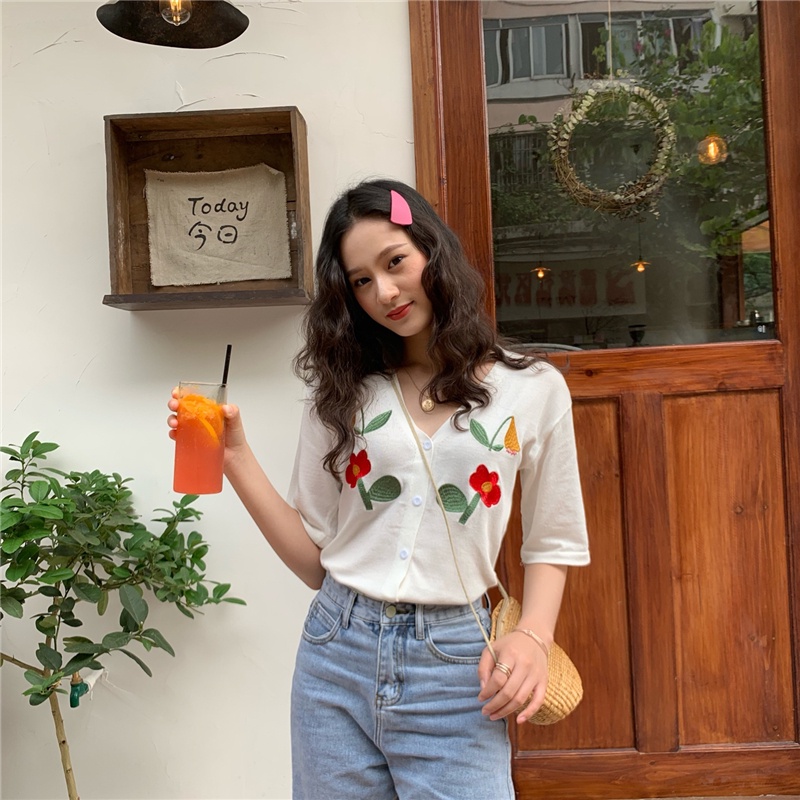 Áo cardigan ZHELIHANGFEI dệt kim tay ngắn cổ chữ V dáng rộng thêu hoa phong cách dân tộc thời trang hè cho nữ