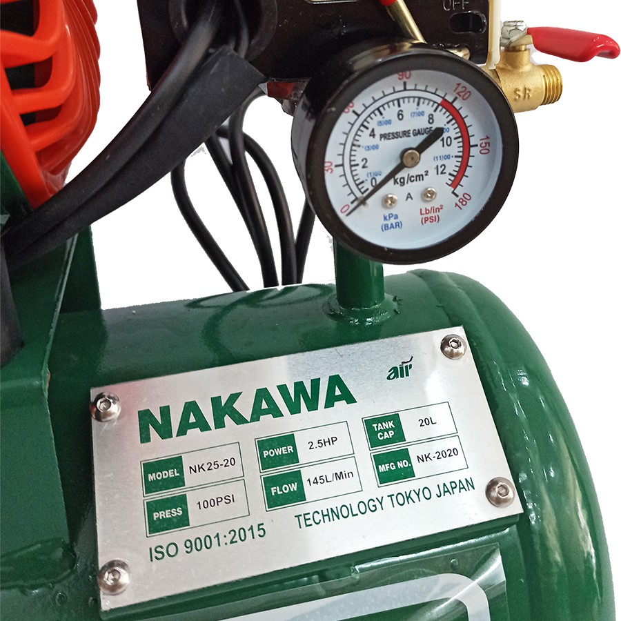 Máy nén khí gia tốc NAKAWA NK25-20, Máy chạy không dầu, Công suất 2.5HP, Bình 20L, Lên hơi siêu nhanh