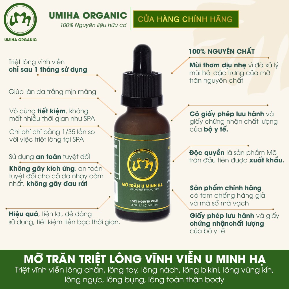 Triệt lông vĩnh viễn UMIHA ORGANIC với Mỡ Trăn U Minh Hạ nguyên chất và Kem tẩy lông UMi 4C an toàn tiết kiệm tại nhà