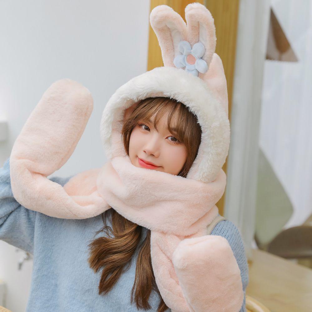 Set Găng Tay + Mũ + Găng Tay + Khăn Choàng 3 Trong 1 Bằng Vải Lông Đính Tai Thỏ Ấm Áp Thời