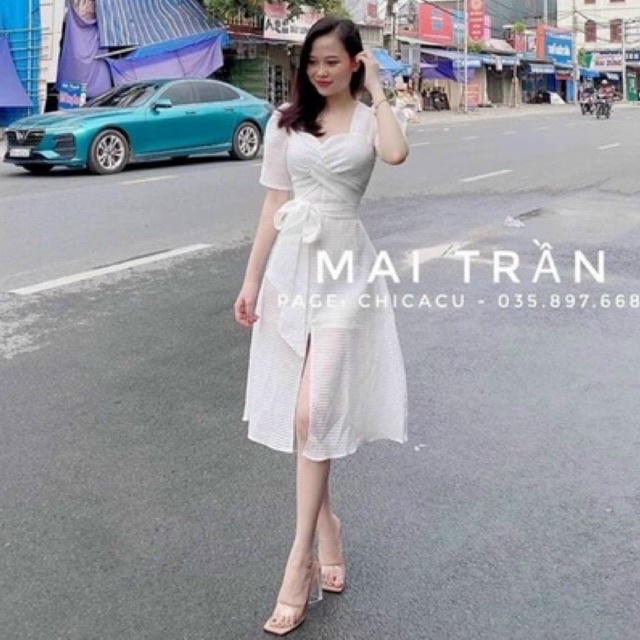 Váy xòe buộc nơ cổ cách điệu