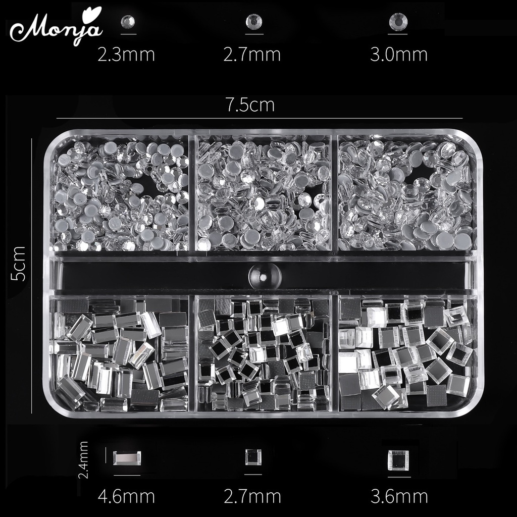 MONJA Hộp đá nhân tạo 6 ngăn 3D trong suốt trang trí móng tay nghệ thuật