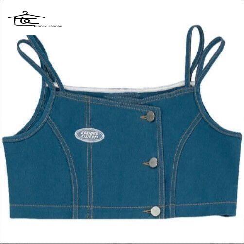 Hàng Có Sẵn Bán Chạy~Áo Denim Hai Dây Dáng Ngắn Có Khóa Kéo Phong Cách Mùa Hè Cho Nữ