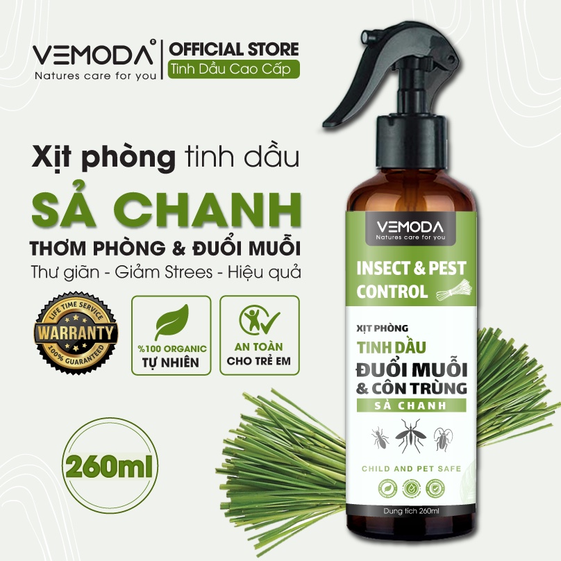 Bình xịt phòng tinh dầu Sả chanh Vemoda làm thơm phòng, đuổi muỗi và côn trùng hiệu quả