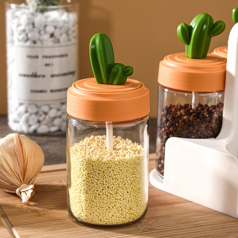 Lọ đựng gia vị bằng thủy tinh có muỗng thiết kế cây xương rồng xinh xắn tiện dụng cho nhà bếp