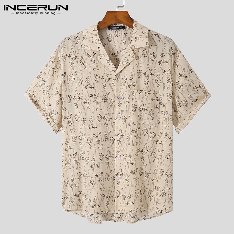 Áo sơ mi INCERUN cotton ngắn tay cài nút in họa tiết vintage thời trang thích hợp cho nam