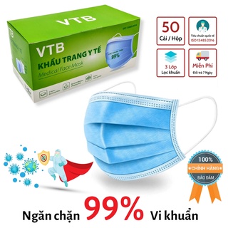 Khẩu trang y tế VTB hộp 50 cái - 3 lớp lọc khuẩn - Ngăn chặn 99% vi khuẩn có hại