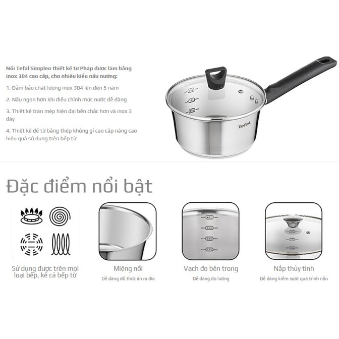 Quánh Inox 304 đường kính 18cm Tefal Simpleo B9052395 hàng Việt Nam xuất Pháp, bảo hành 5 năm