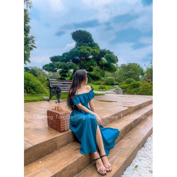Maxi đi biển nữ Ton.Clothing maxi bẹt vai vải mịn mát họa tiết đẹp 2 lớp dễ thương xinh xắn màu trắng MAXI008