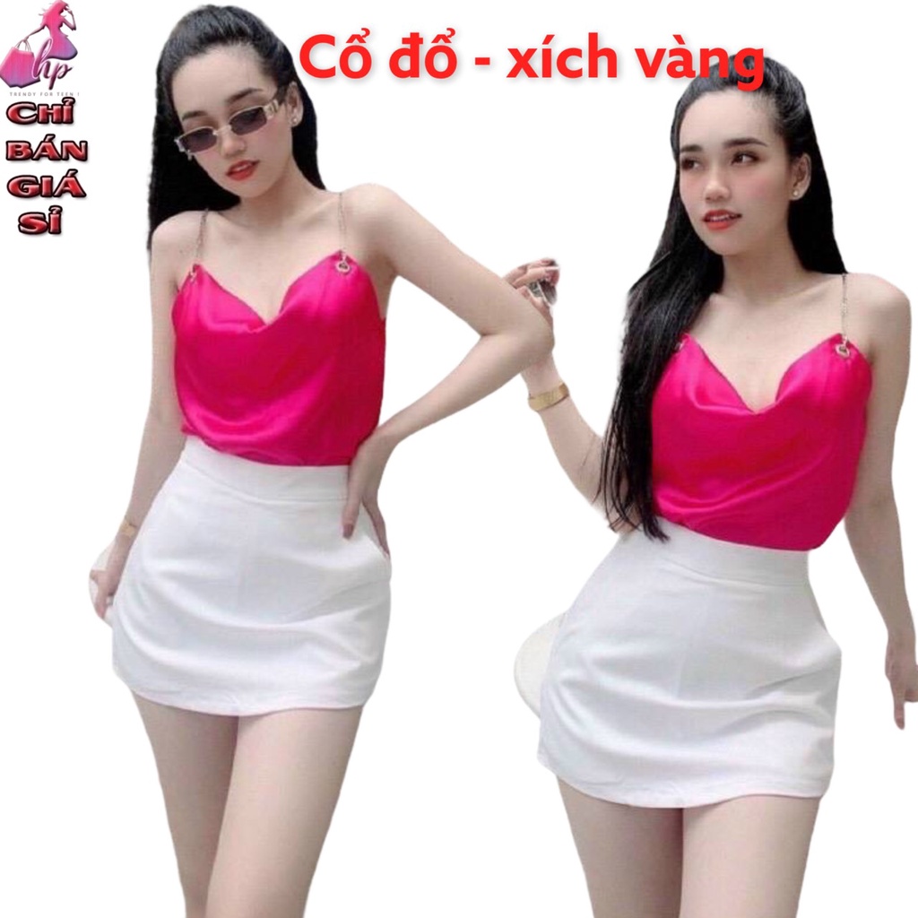 Áo kiểu 2 dây cổ đổ phi lụa bóng phối xích vàng aloha shop91