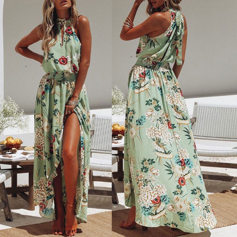 Đầm Maxi Dài Không Tay In Hoa Phong Cách BOHO Thời Trang Đi Biển Cho Nữ