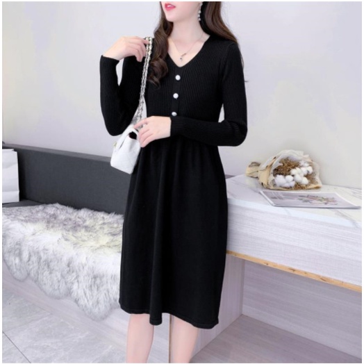 Đầm len cổ chữ v dáng dài qua gối trẻ trung mặc đi chơi, dự tiệc thời trang thu đông