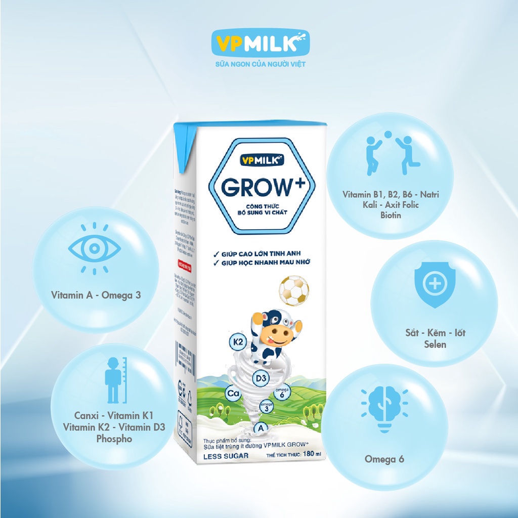 Thùng 48 hộp sữa Tiệt Trùng VPMilk Grow+ Có Đường/Ít Đường/Vị Dâu/Vị Chuối 180ml