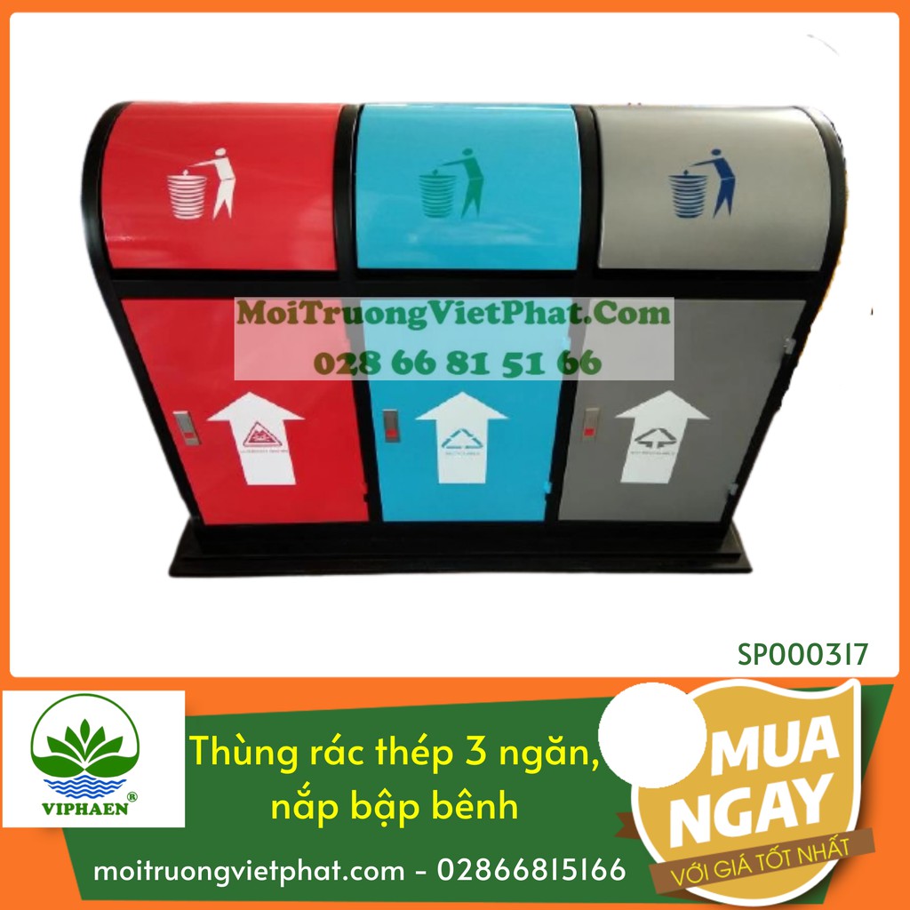 Thùng rác 3 ngăn khung thép, nắp bập bênh Viphaen