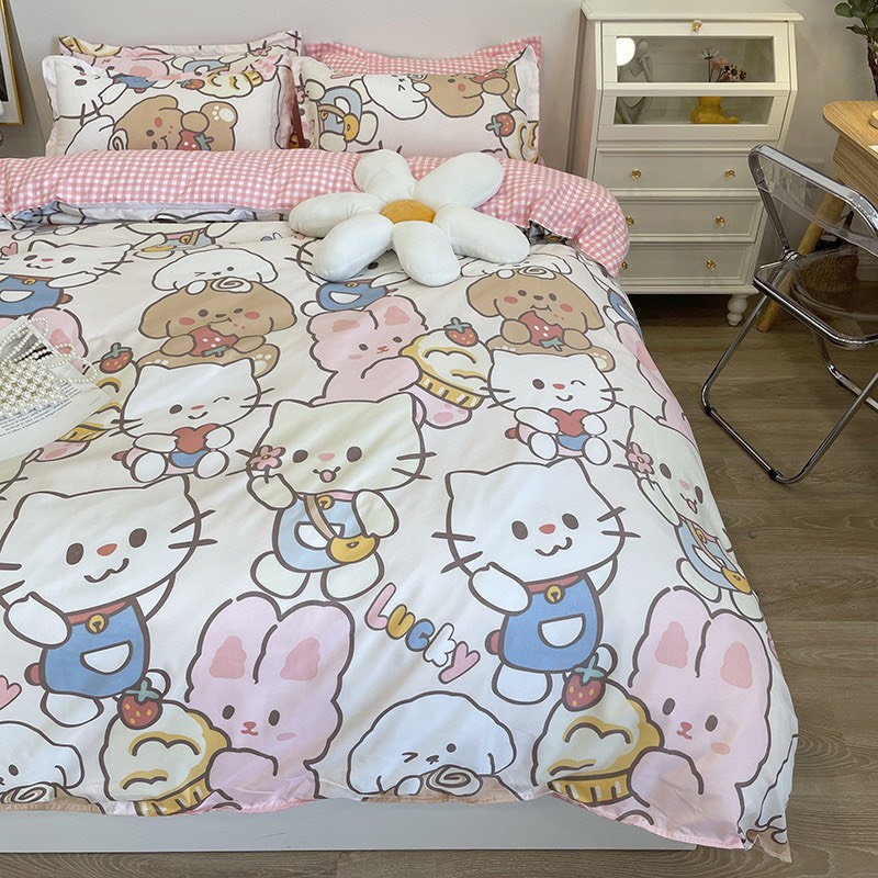 Bộ chăn ga gối Mẫu Thỏ hồng lucky - bộ 4 món đủ size 1m,1m2,1m6,1m8,2m chất liệu cotton poly.
