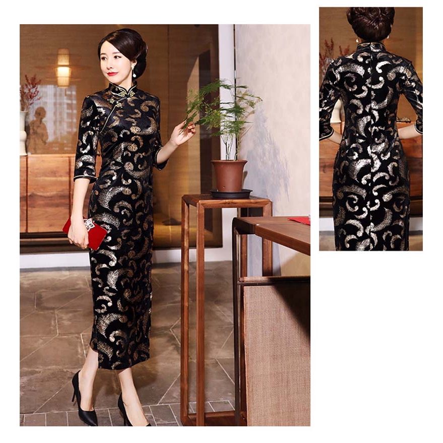 Cheongsam Dress Vintage Slim Dress Women Gold Velvet Wedding Party Long Dresses | BigBuy360 - bigbuy360.vn