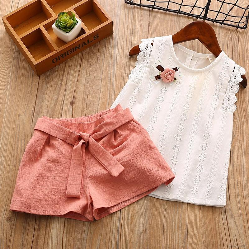 Bộ áo sát nách in hoa + quần ngắn cotton màu trơn dành cho bé gái