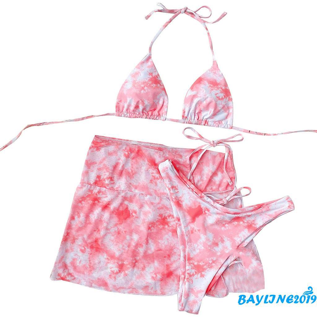 Set bikini 3 mảnh thiết kế kiểu buộc dây họa tiết màu nhuộm thời trang quyến rũ cho nữ