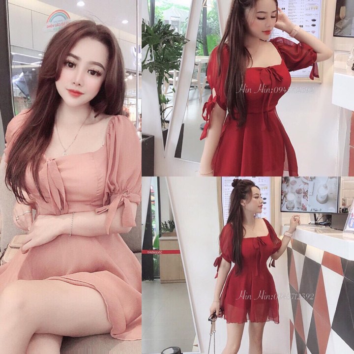 Đầm Voan Cổ Chử V Tay Phồng Cột Nơ