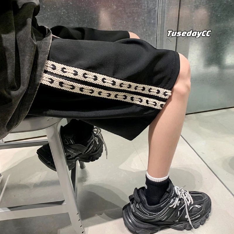 Quần Short Lưng Thun Ống Rộng Phối Sọc Bên Hông Phong Cách Hip Hop Đường Phố Hàn Quốc Cỡ M-3XL Cho Nam