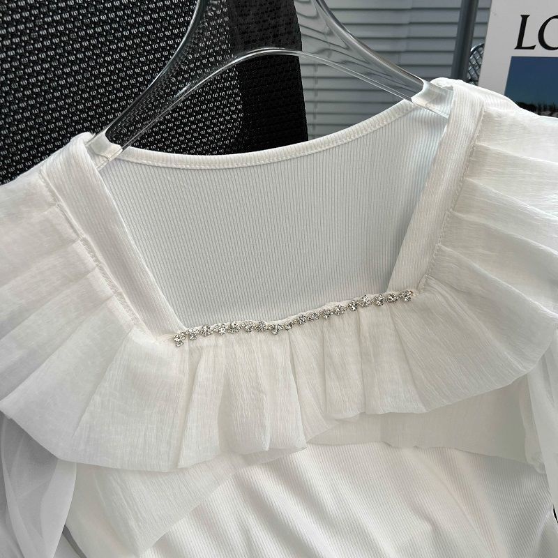 Áo Sơ Mi Nữ Tay Dài Cổ Vuông Viền Lá Sen Thời Trang Hàn Quốc Mới