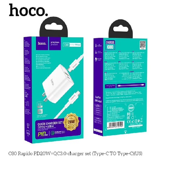 Bộ Dây Sạc Kèm Củ Sạc Nhanh Cho Iphone Pd 20w Qc3.0 Hoco c80