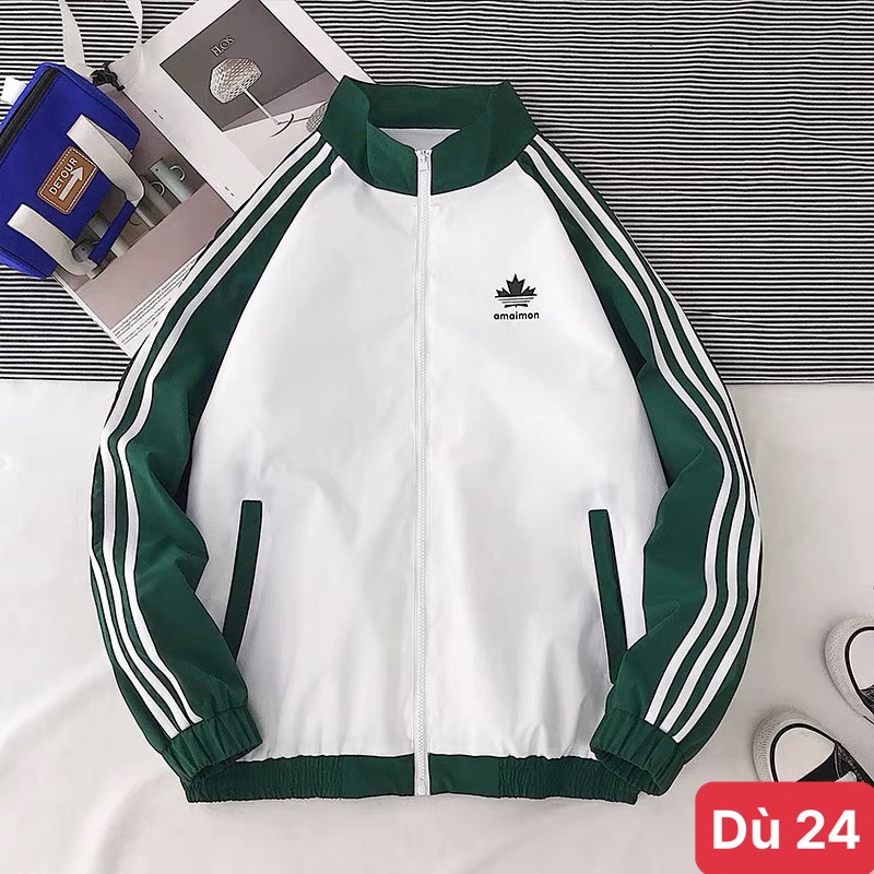 Áo khoác dù nam màu trắng xanh 3 sọc chất liệu dù gió 2 lớp cao cấp dáng form bóng chày bomber đẹp ADOSHOP6 mẫu mới