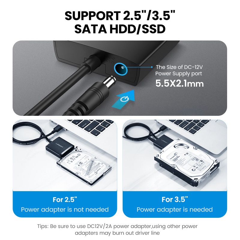 USB 3.0 to SATA Chính Hãng Ugreen 60561+Có Kèm Adapter 12v 2A